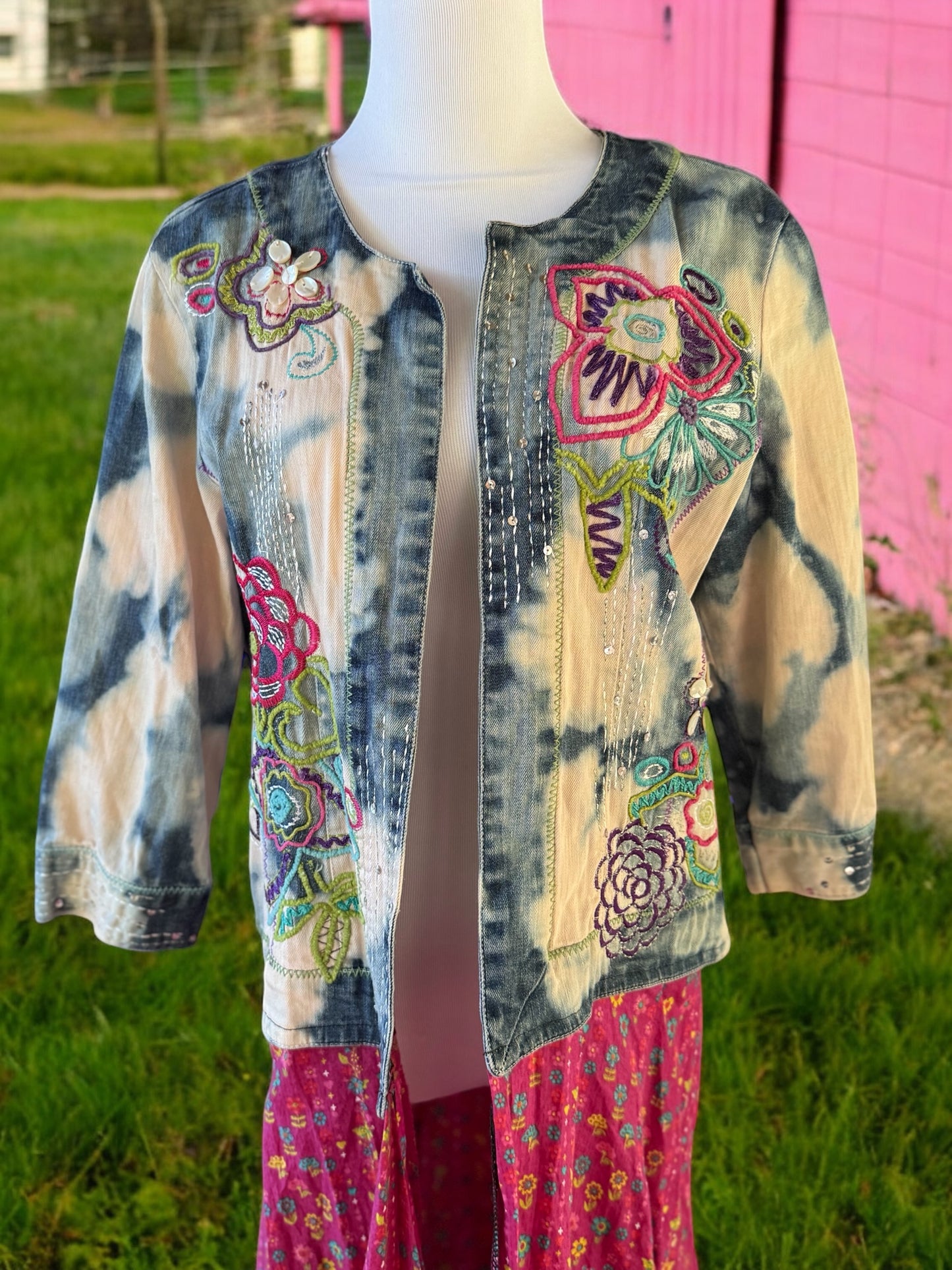 SALE One of a Kind embroidered tie dyed sequin Hamsa Hand Patchwork Duster size Medium