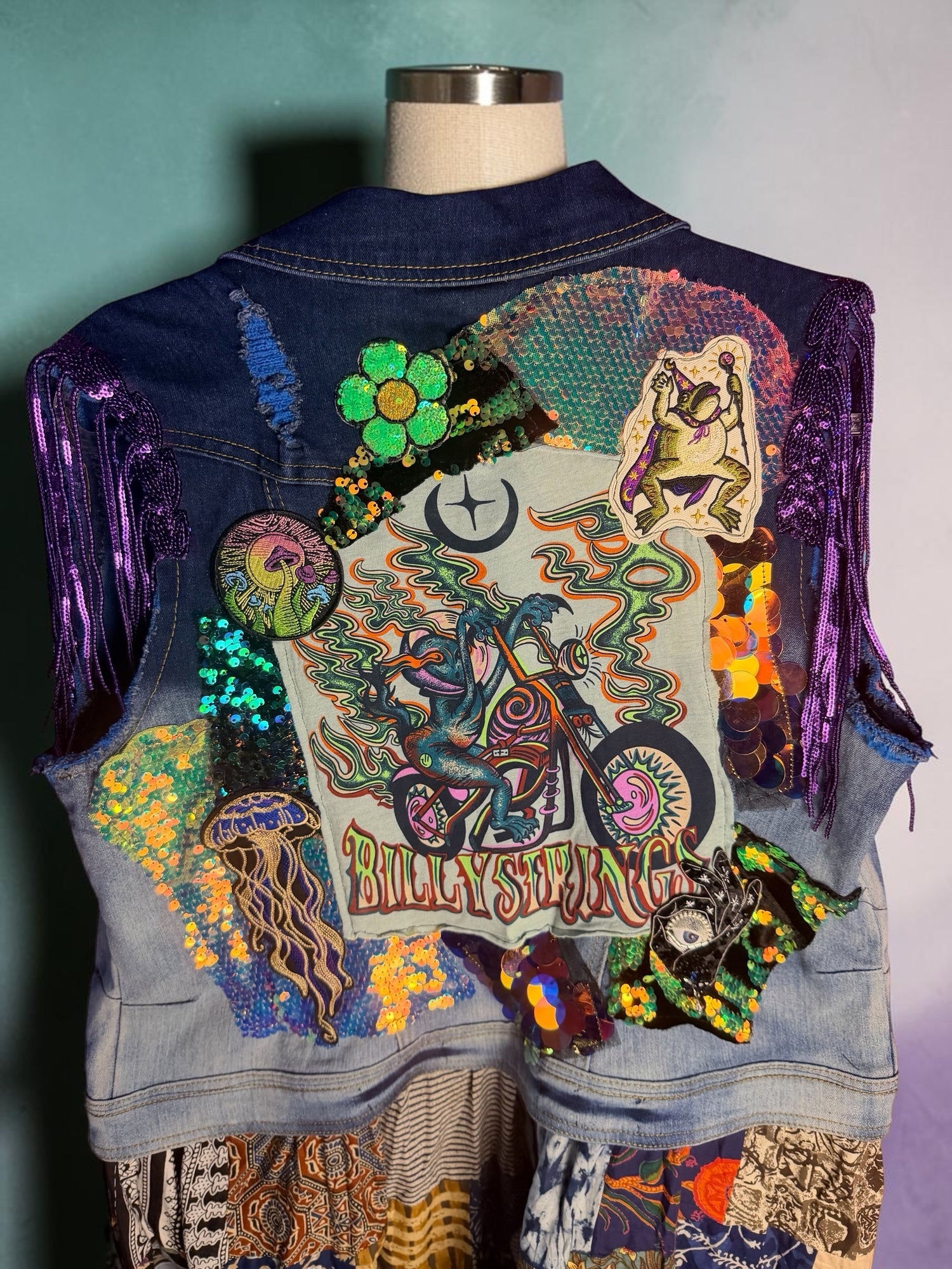 Upcycled Billy Strings BMFS Denim Vest Patchwork Sequin Duster Women’s Size Large