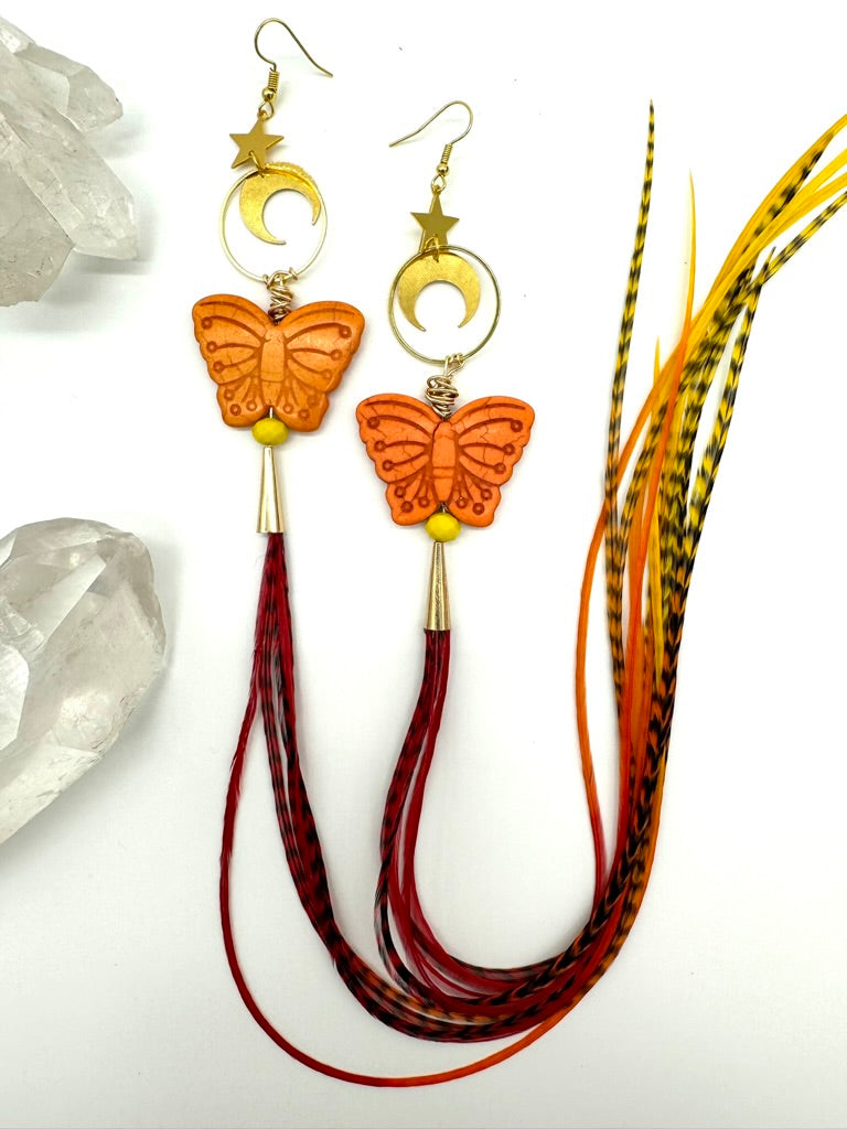 Grizzly Feather Orange Fire Butterfly Moon Earrings