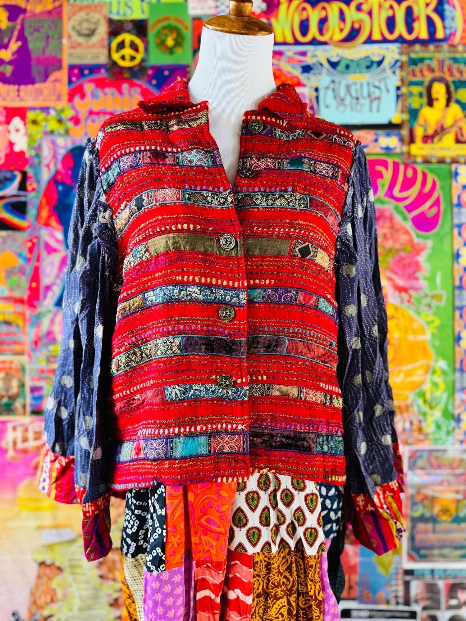 One of a Kind Janis Joplin Patchwork Jacket Duster Bell Sleeves Size M/L