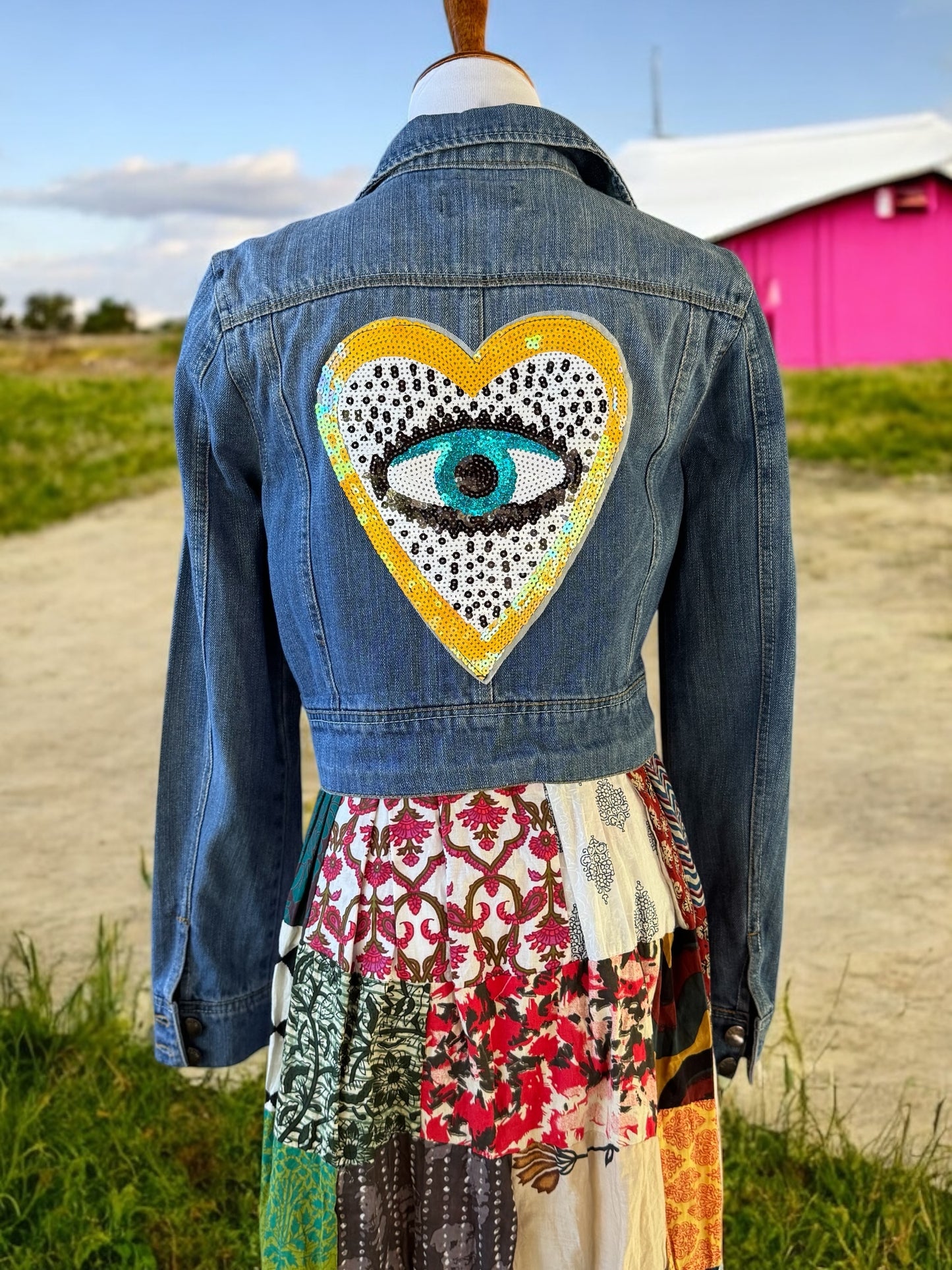 SALE Denim Sequin Patchwork Jacket Size Large