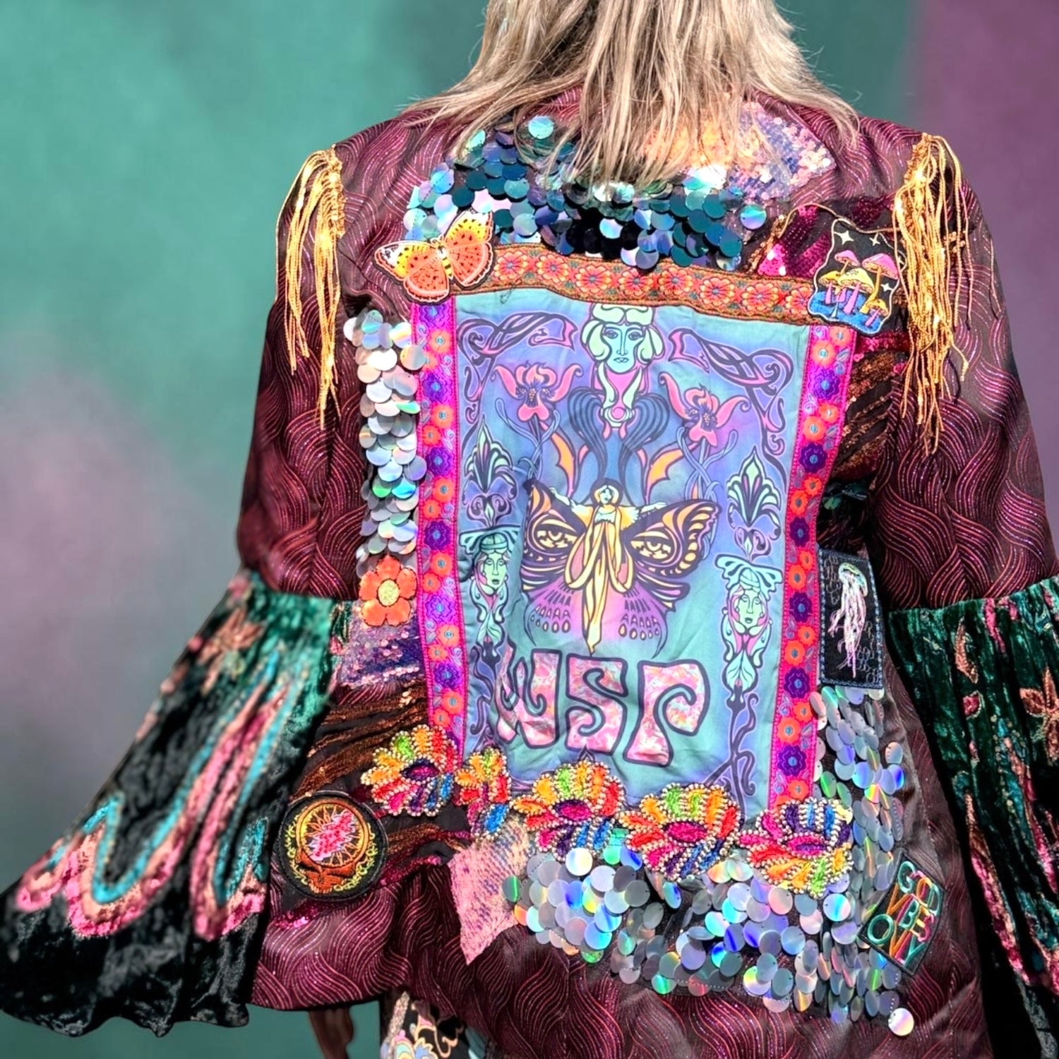 Widespread Panic Art Nouveau Upcycled Patchwork Jacket Bellsleeves Women’s Size 16 (XL)