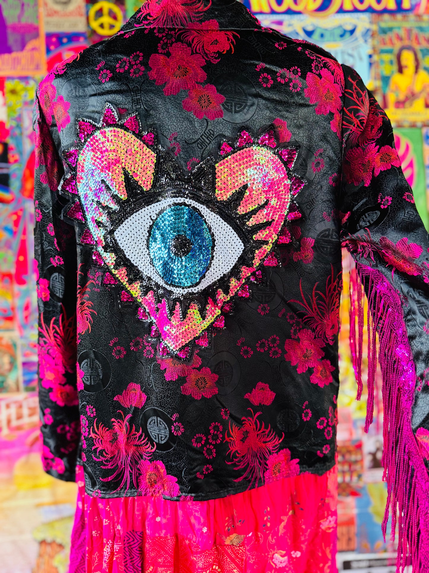 One of a Kind Silk Oriental Sequin Eye Patchwork Jacket Duster size 14