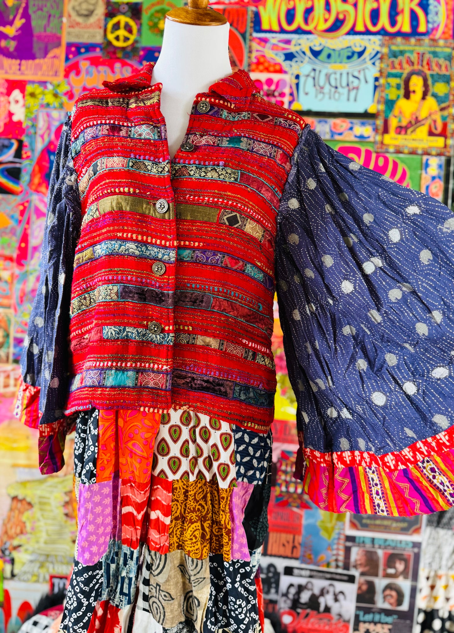 One of a Kind Janis Joplin Patchwork Jacket Duster Bell Sleeves Size M/L