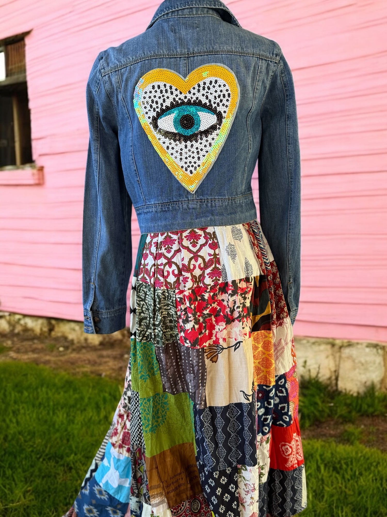 SALE Denim Sequin Patchwork Jacket Size Large