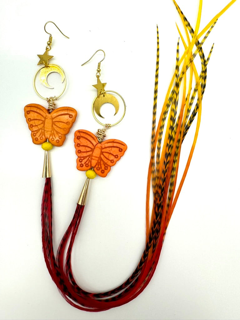 Grizzly Feather Orange Fire Butterfly Moon Earrings