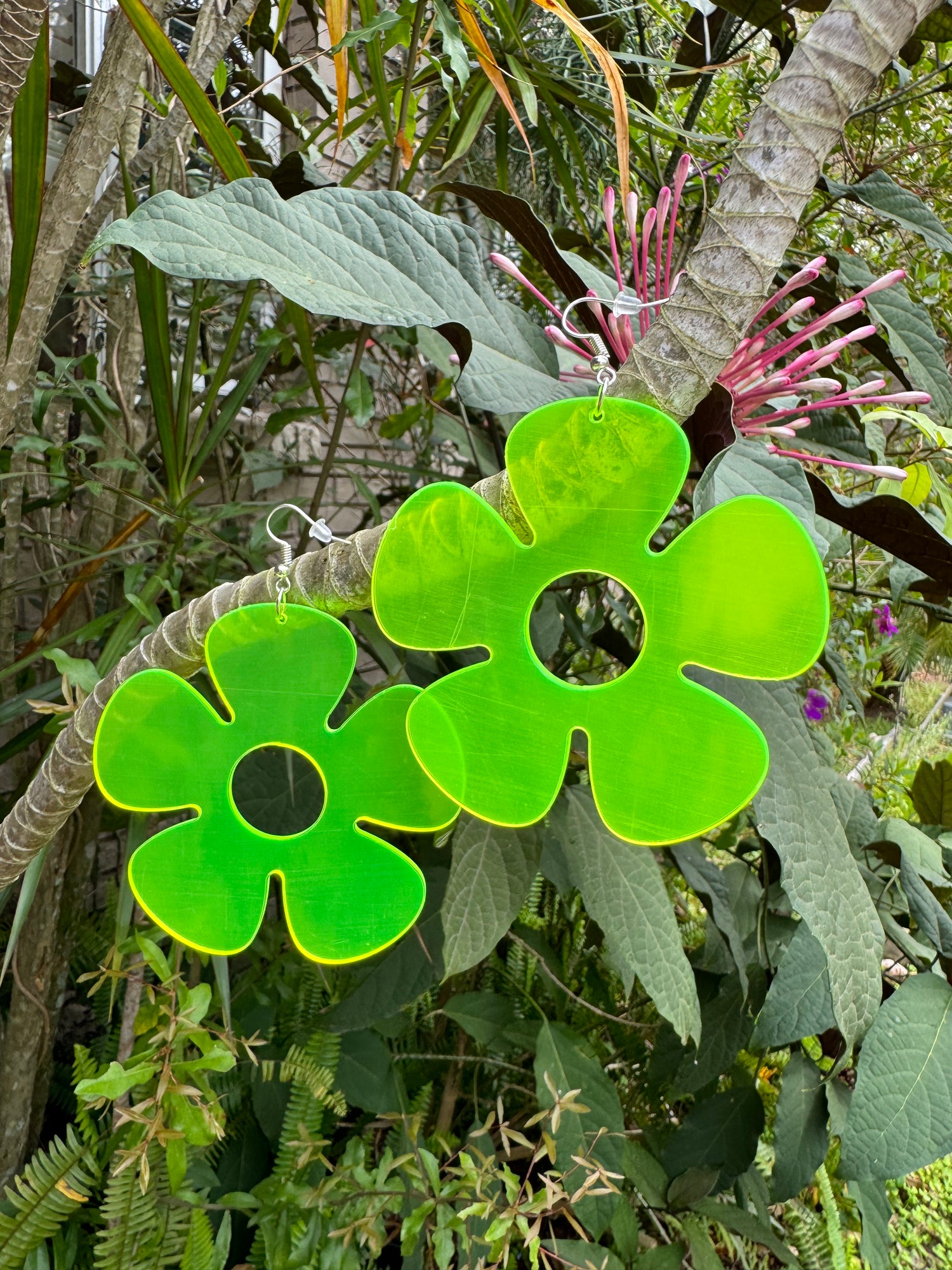Groovy Neon Flower Power Plexi Glass Acrylic Earrings
