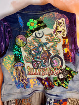 Upcycled Billy Strings BMFS Denim Vest Patchwork Sequin Duster Women’s Size Large