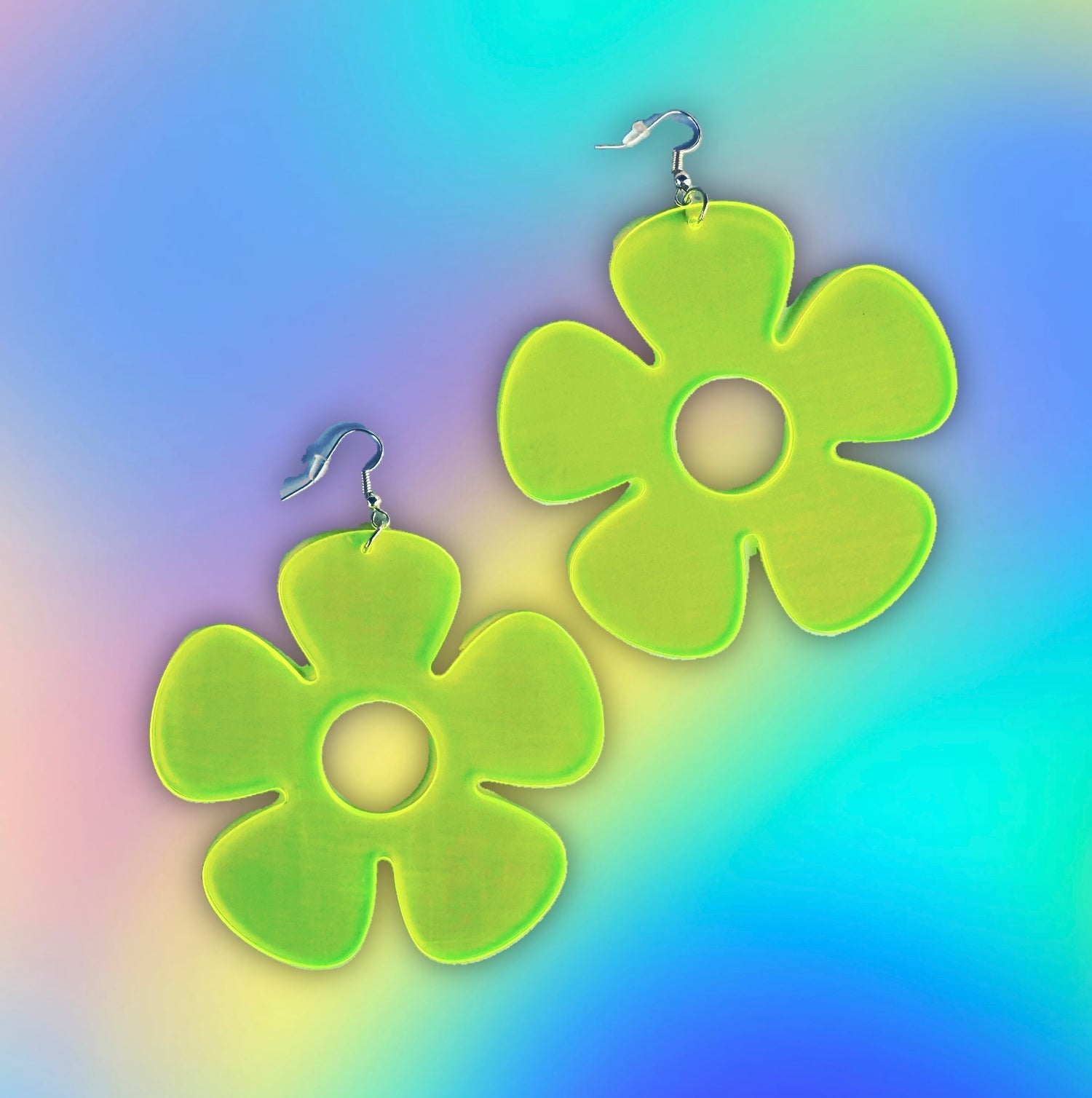 Groovy Neon Flower Power Plexi Glass Acrylic Earrings
