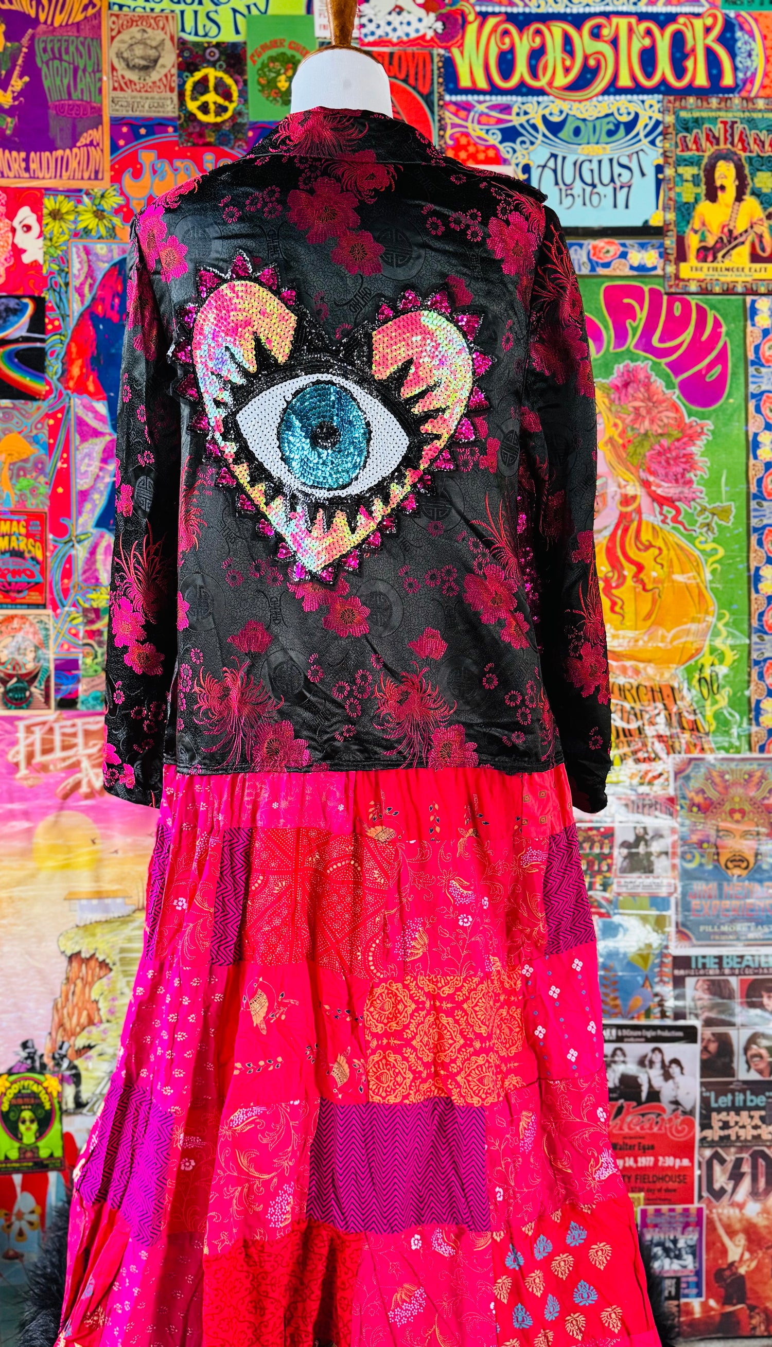 One of a Kind Silk Oriental Sequin Eye Patchwork Jacket Duster size 14