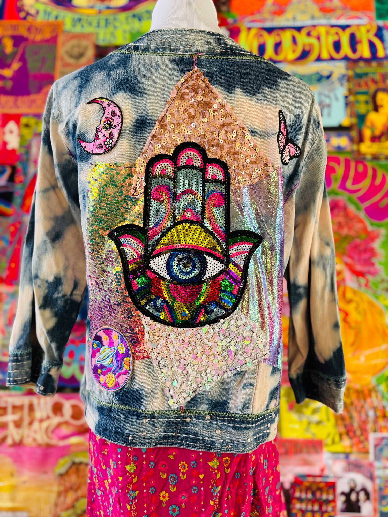 SALE One of a Kind embroidered tie dyed sequin Hamsa Hand Patchwork Duster size Medium