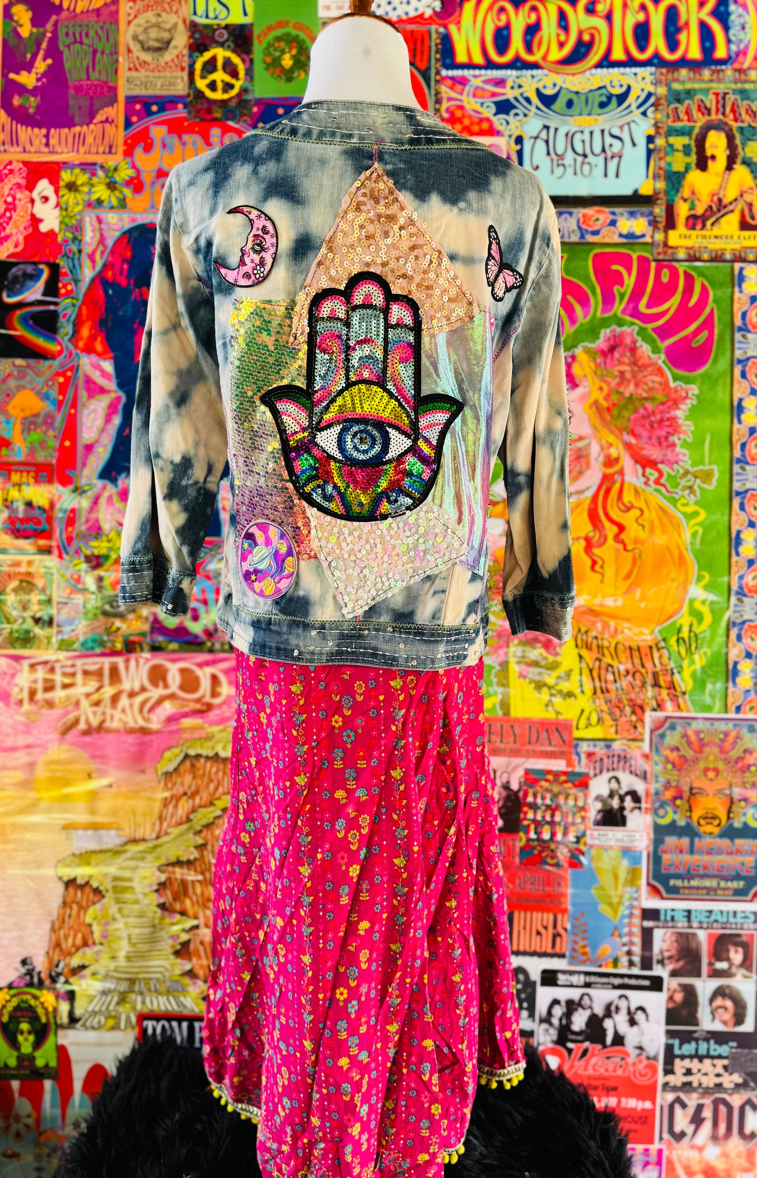 SALE One of a Kind embroidered tie dyed sequin Hamsa Hand Patchwork Duster size Medium