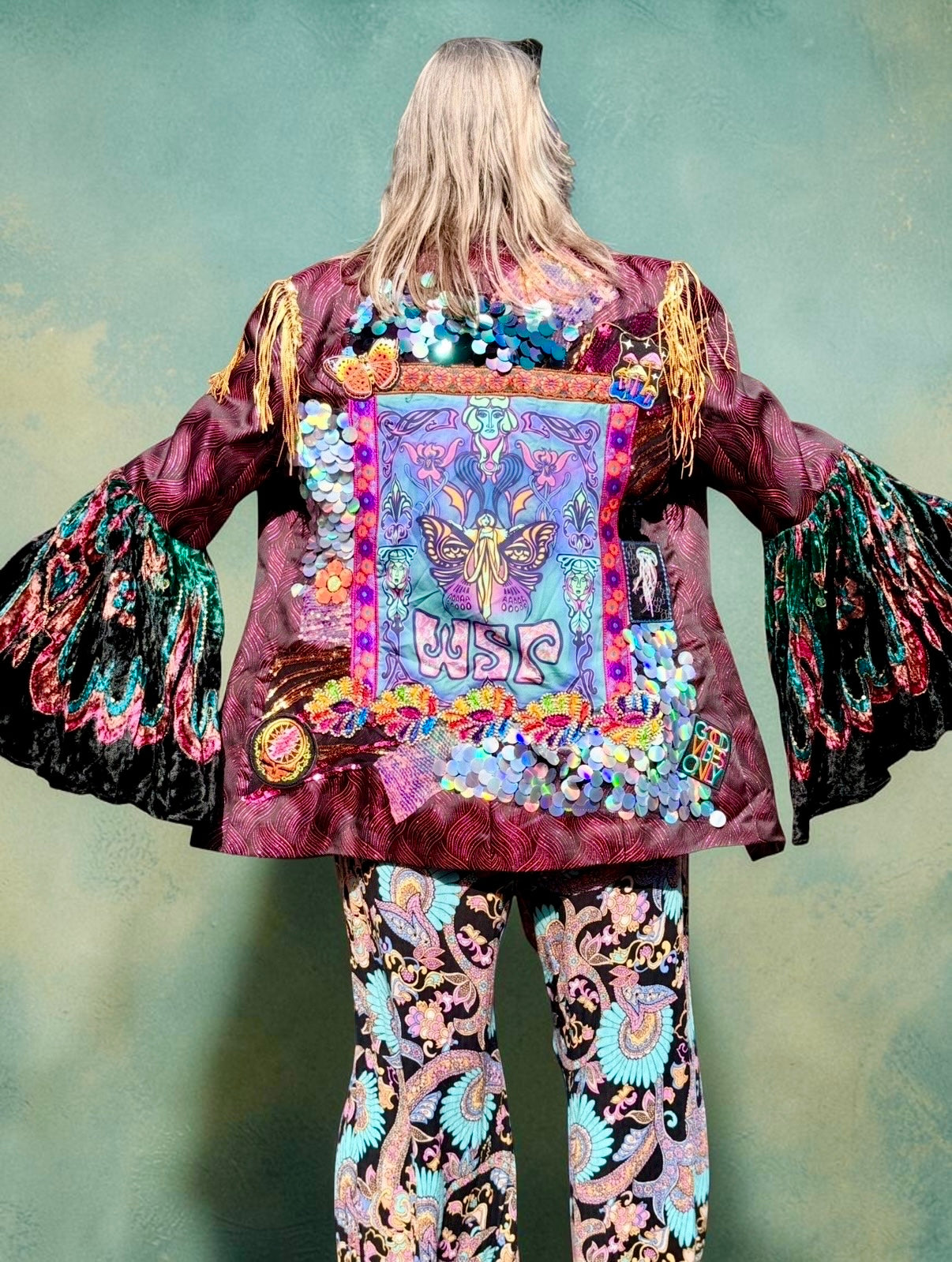 Widespread Panic Art Nouveau Upcycled Patchwork Jacket Bellsleeves Women’s Size 16 (XL)