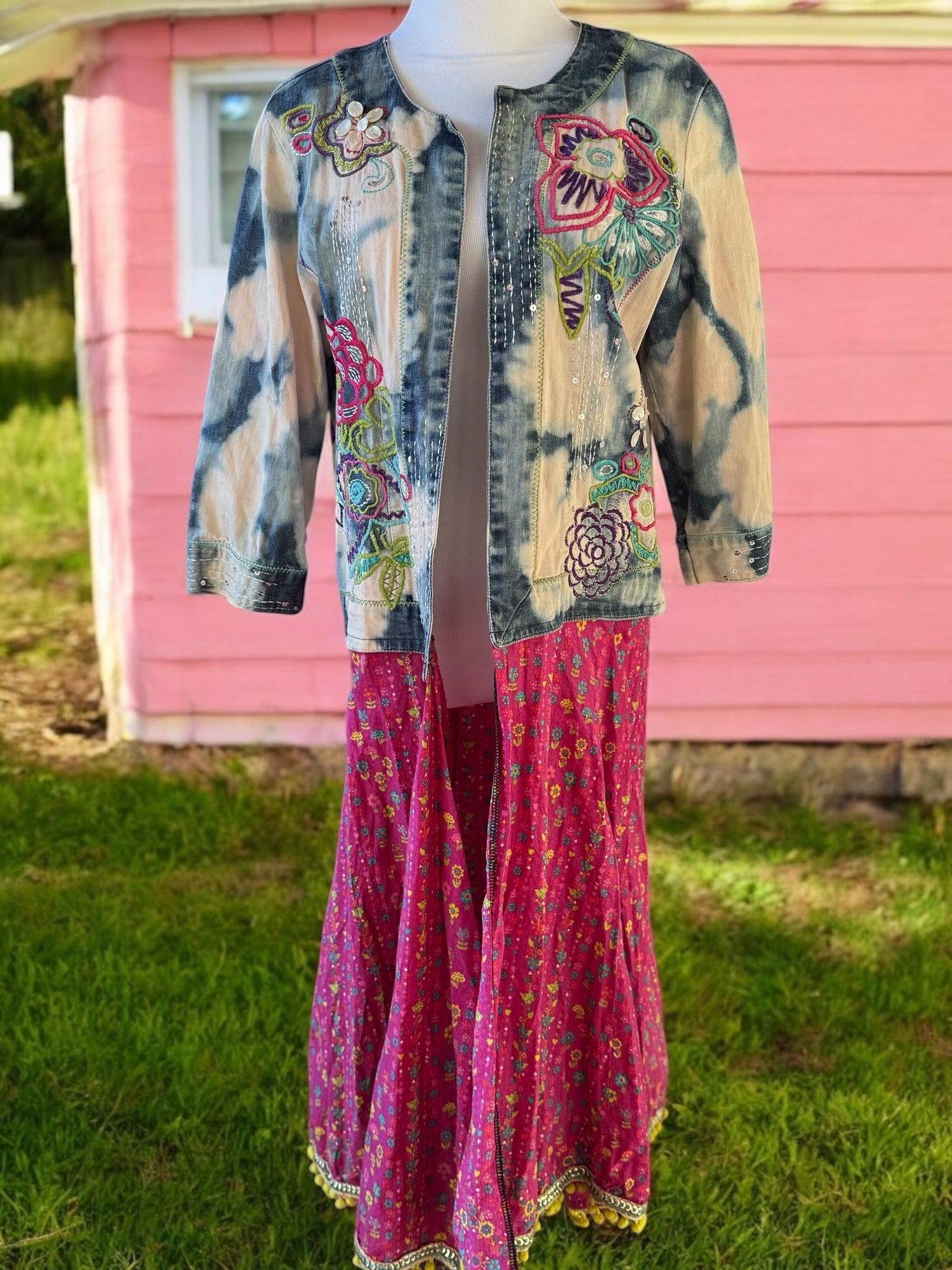 SALE One of a Kind embroidered tie dyed sequin Hamsa Hand Patchwork Duster size Medium