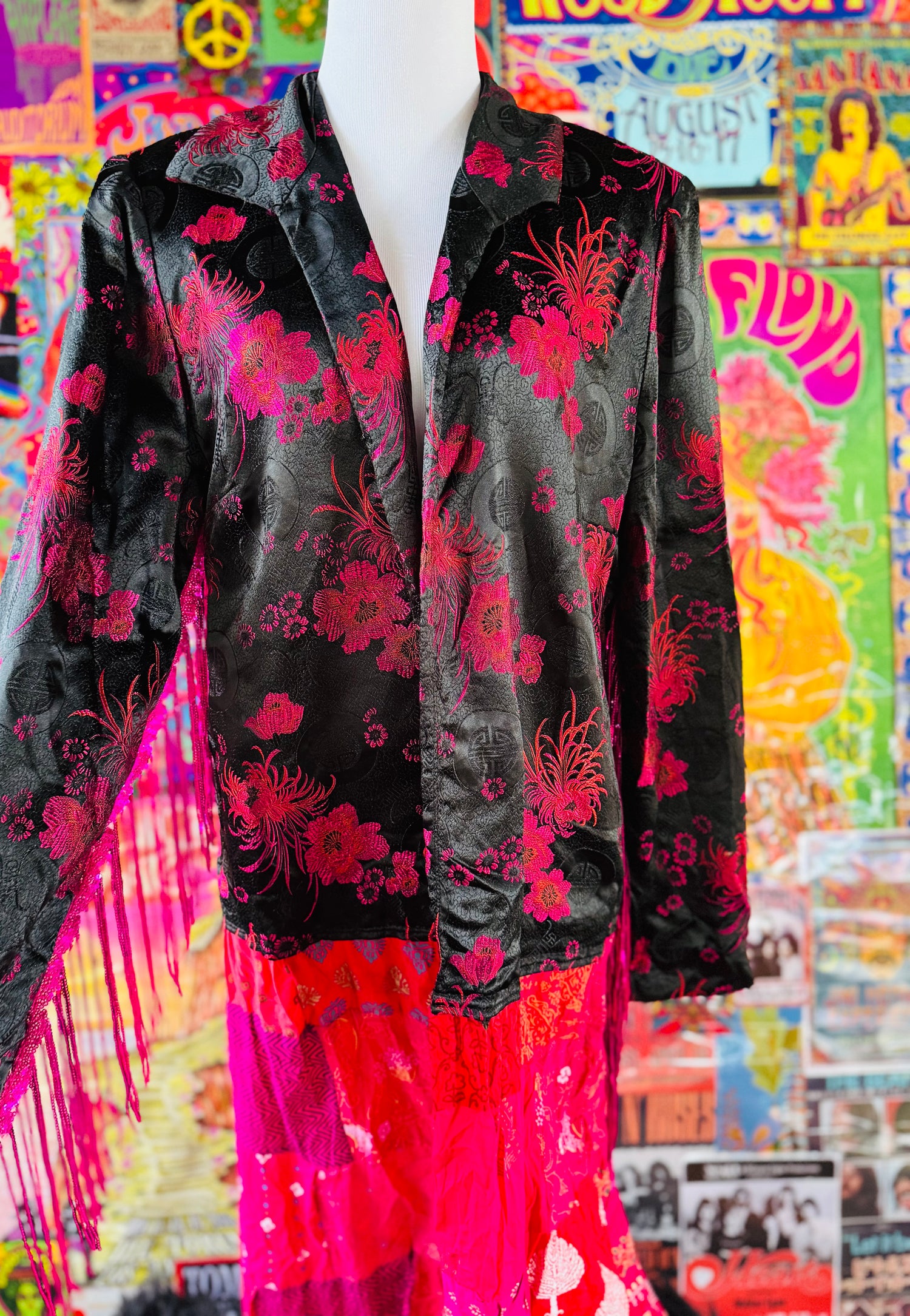 One of a Kind Silk Oriental Sequin Eye Patchwork Jacket Duster size 14