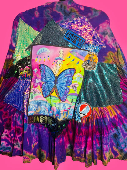 Tiedye Upcycled Velvet Strings Sparkle Cardigan size Women’s XL