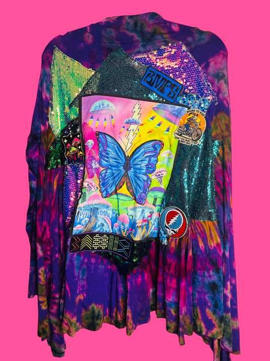 Tiedye Upcycled Velvet Strings Sparkle Cardigan size Women’s XL
