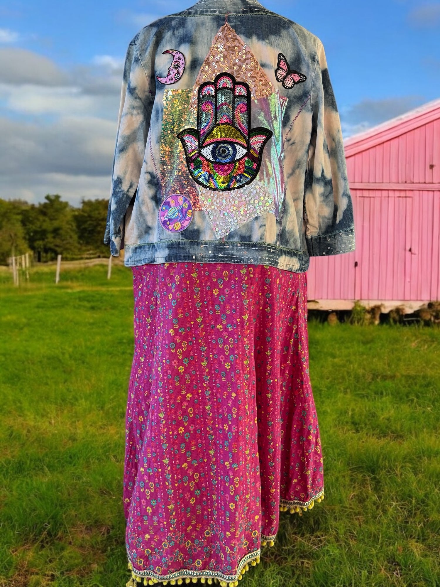 SALE One of a Kind embroidered tie dyed sequin Hamsa Hand Patchwork Duster size Medium