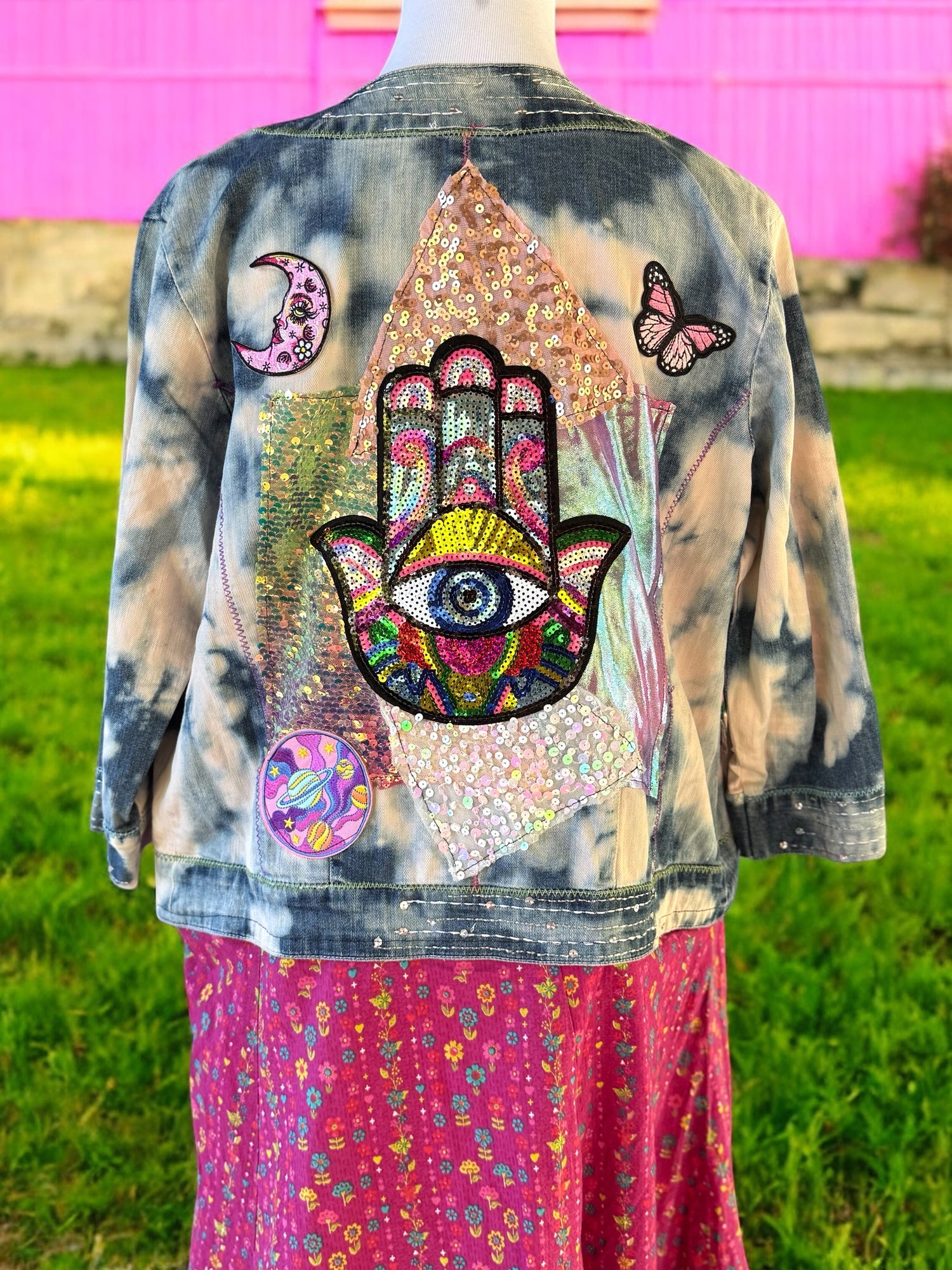 SALE One of a Kind embroidered tie dyed sequin Hamsa Hand Patchwork Duster size Medium