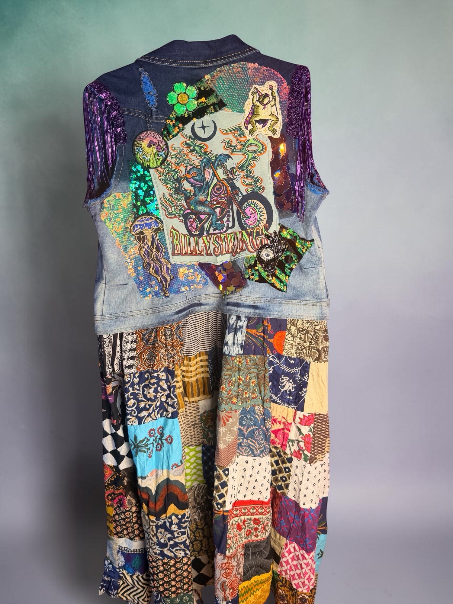 Upcycled Billy Strings BMFS Denim Vest Patchwork Sequin Duster Women’s Size Large