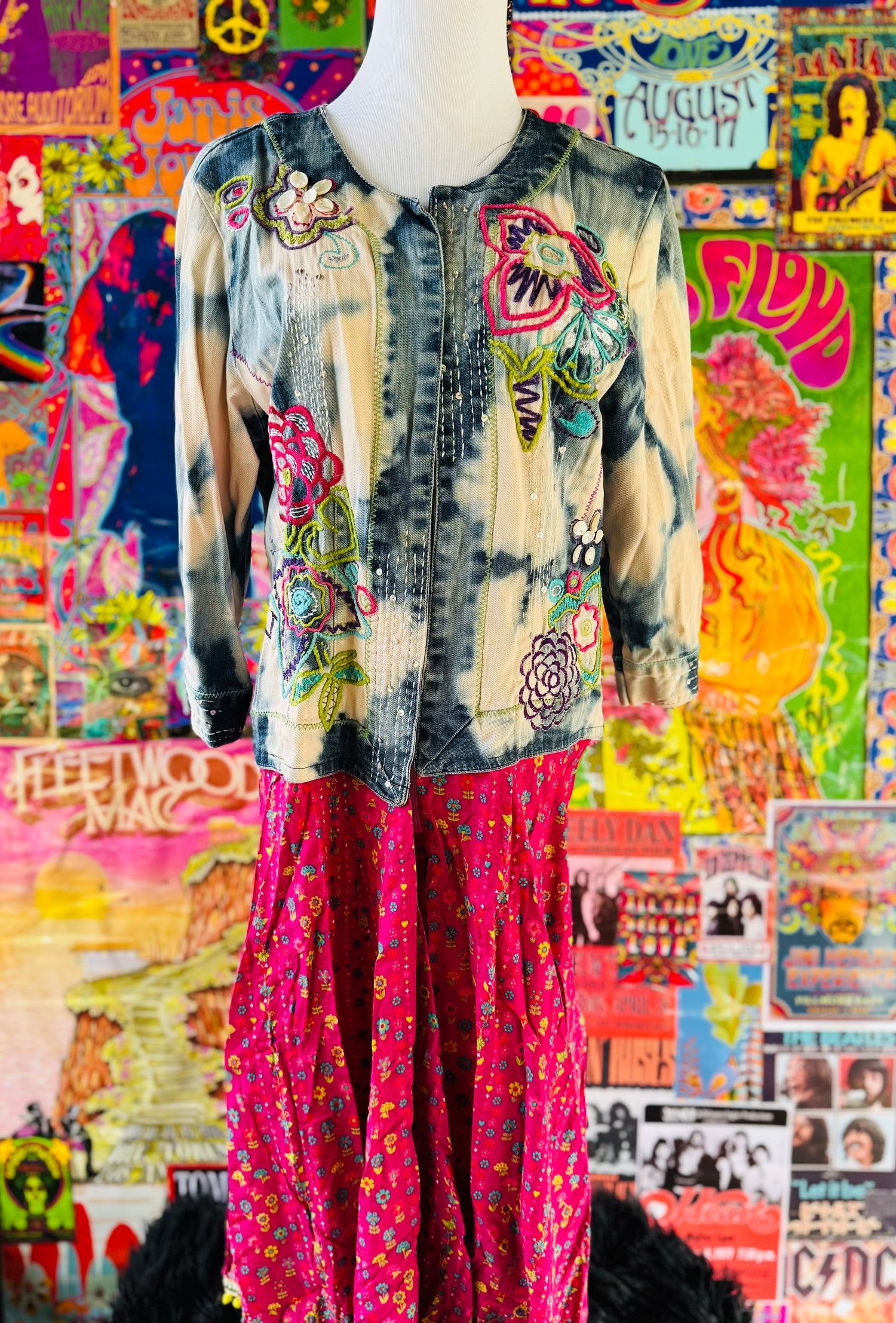 SALE One of a Kind embroidered tie dyed sequin Hamsa Hand Patchwork Duster size Medium