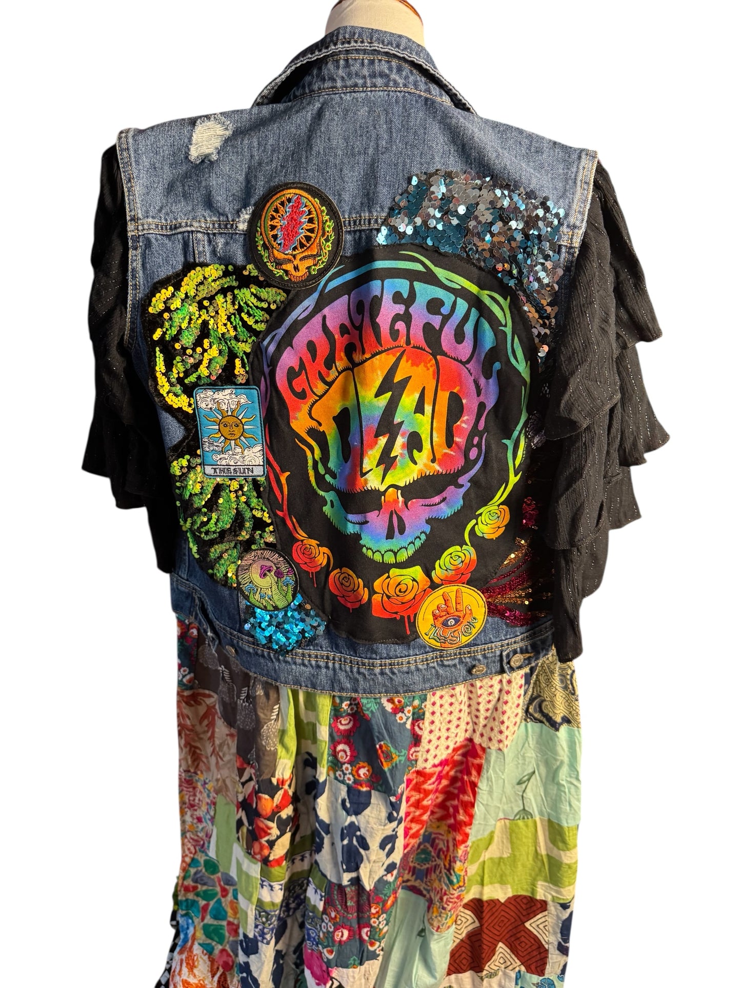 Grateful Dead Size Women’s Large Patchwork Upcycled Duster Denim Jacket Vest
