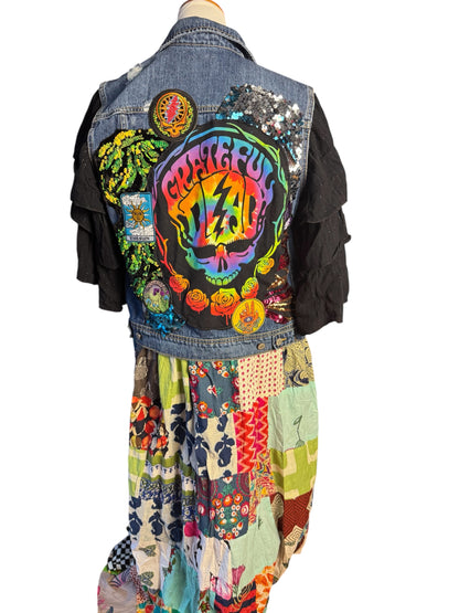 Grateful Dead Size Women’s Large Patchwork Upcycled Duster Denim Jacket Vest