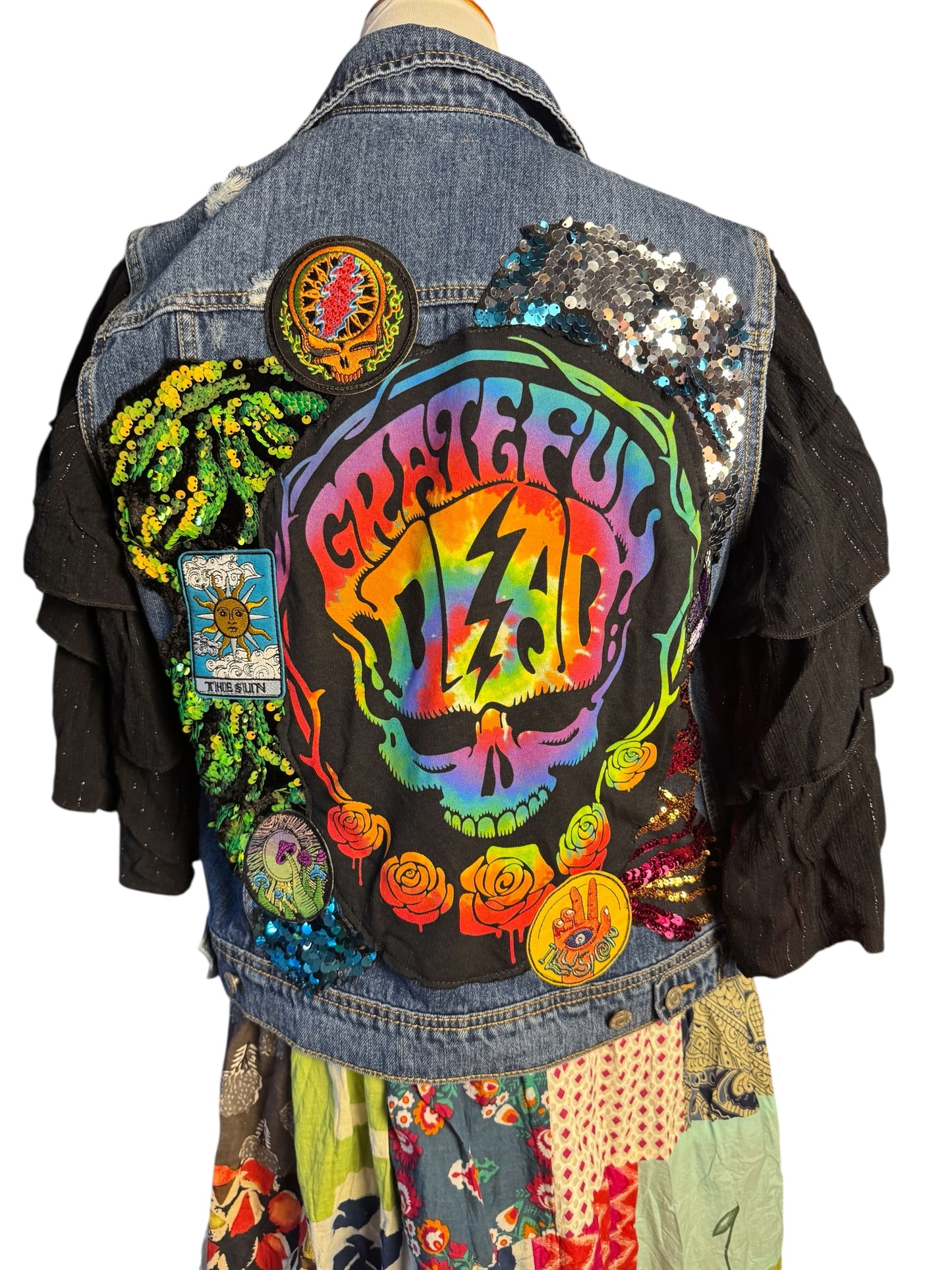 Grateful Dead Size Women’s Large Patchwork Upcycled Duster Denim Jacket Vest