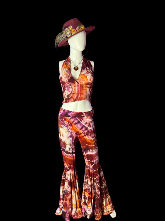 Two piece Tiedye Halter + Bell Bottom Pants Set Women's Size Large