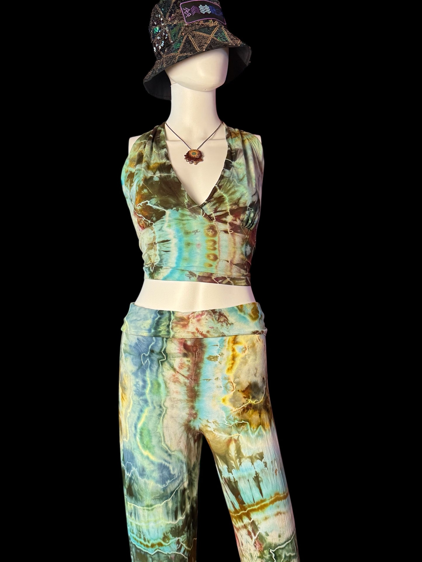 Two Piece Tiedye Halter + Bell Bottom Pants Set Women's Size XL