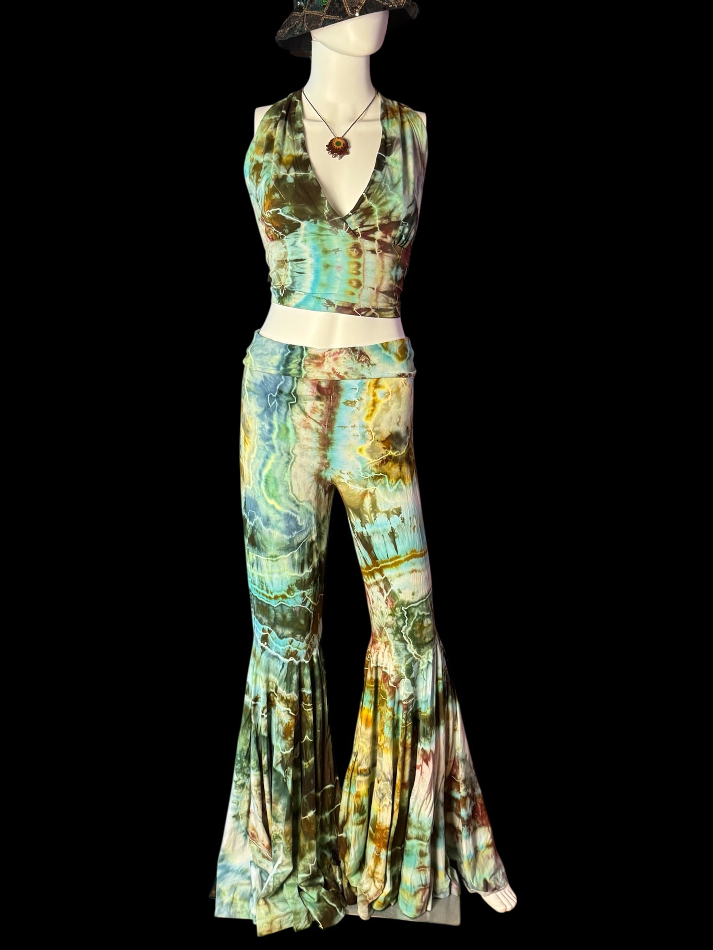 Two Piece Tiedye Halter + Bell Bottom Pants Set Women's Size XL