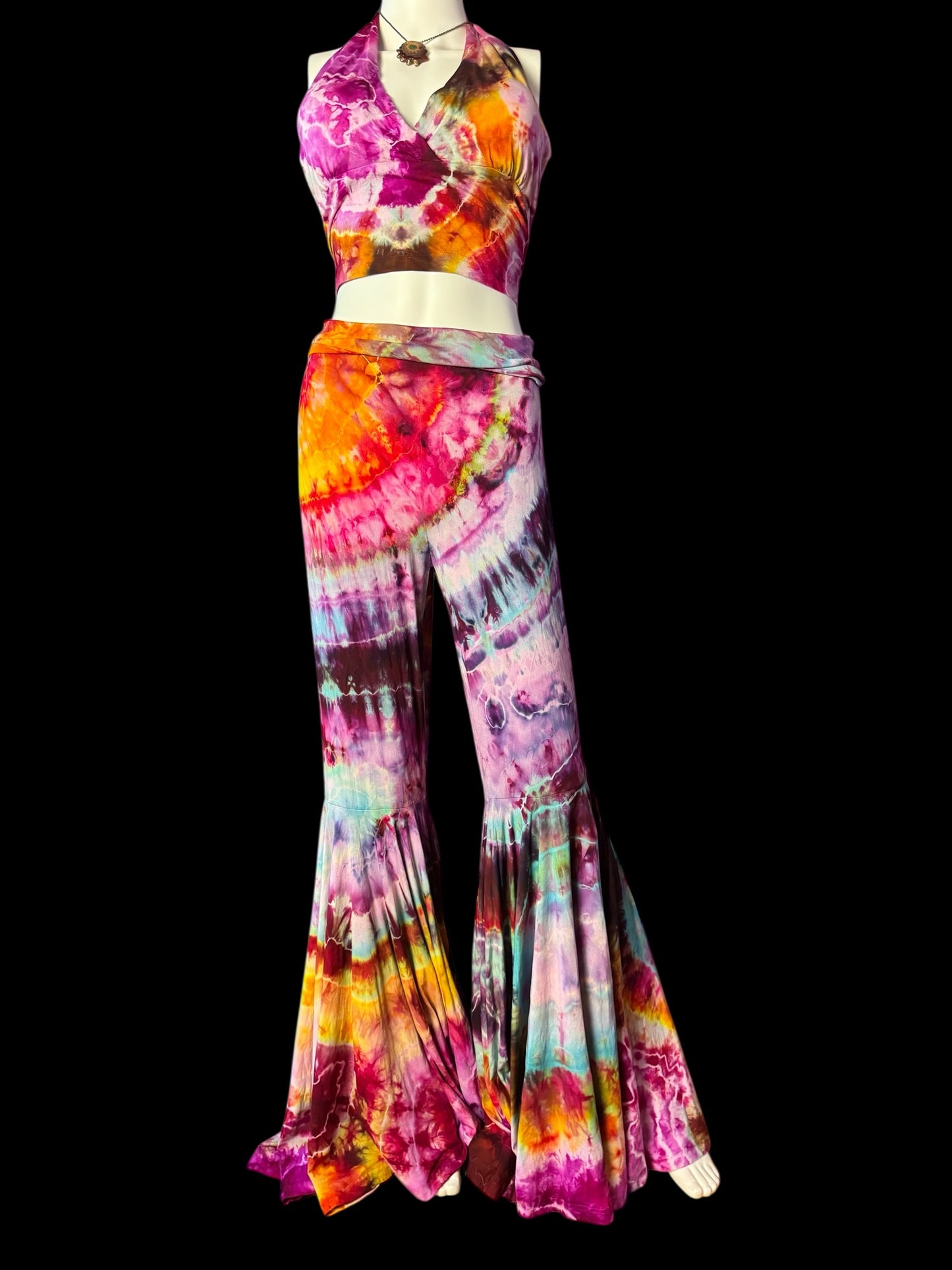 Two Piece Tiedye Halter + Bell Bottom Pants Set Size Womens 2XL