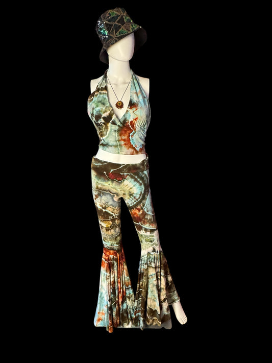 Two Piece Tiedye Halter + Bell Bottom pants Set Women's Size Medium