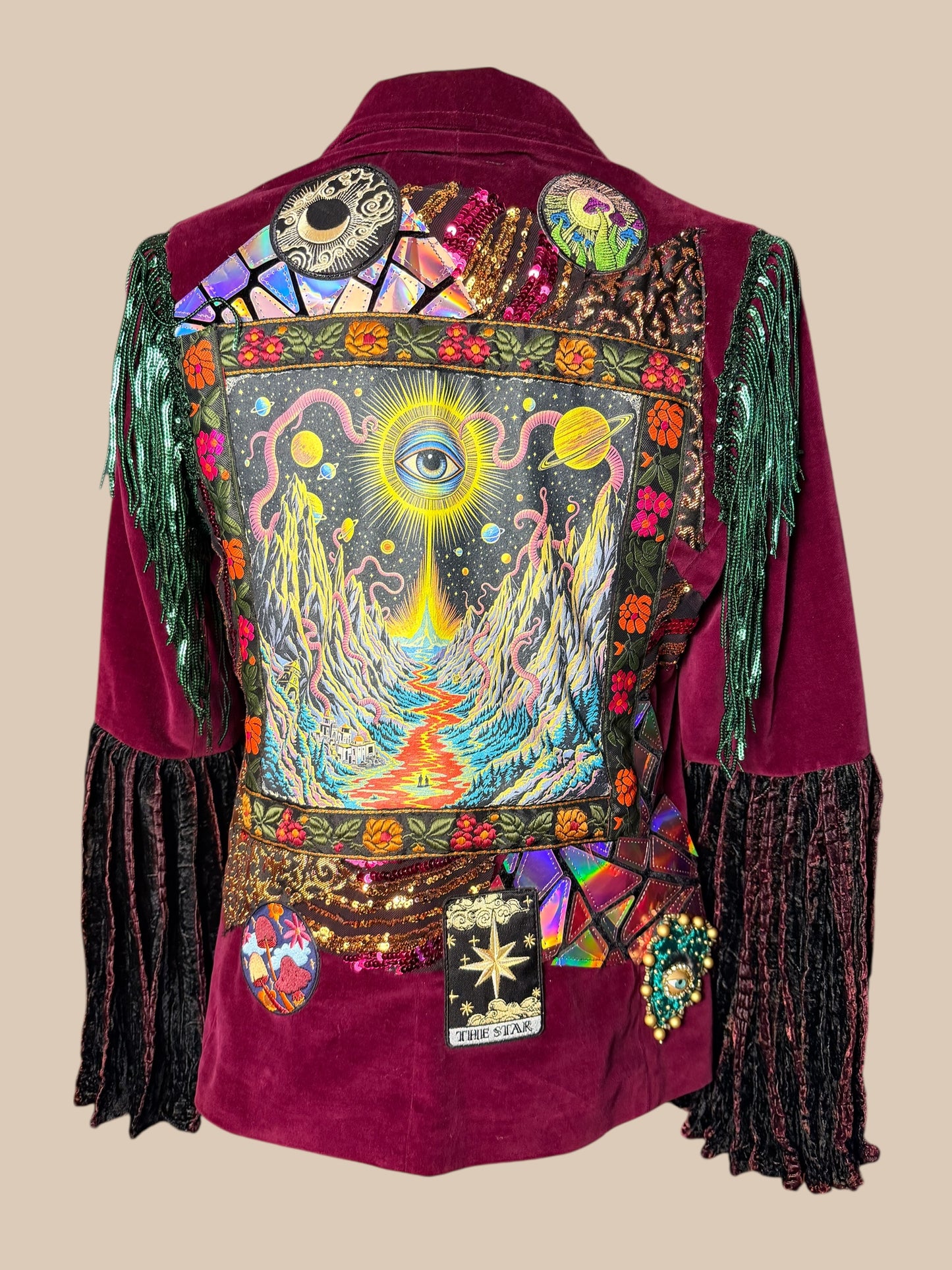 Prying Open Your Third Eye Dark Maroon Bell Sleeve Upcycled One of a kind Jacket Women's Size Large