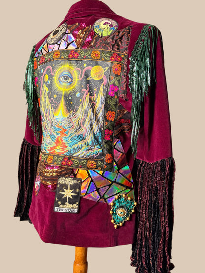 Prying Open Your Third Eye Dark Maroon Bell Sleeve Upcycled One of a kind Jacket Women's Size Large