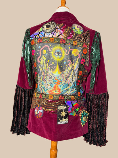 Prying Open Your Third Eye Dark Maroon Bell Sleeve Upcycled One of a kind Jacket Women's Size Large