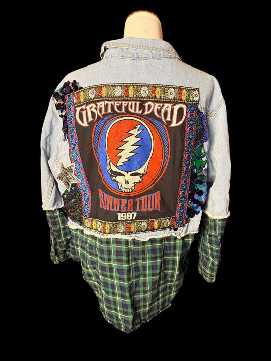 Grateful Dead Patchwork Plaid Oversized Jean Shirt/Jacket Women's Size Small/Medium